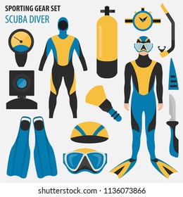 Sporting gear set. Diving equipment and scuba diver male flat design icon.Vector illustration 