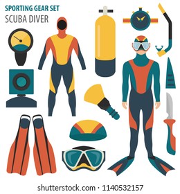 Sporting gear set. Diving equipment and scuba diver male flat design icon.Vector illustration 