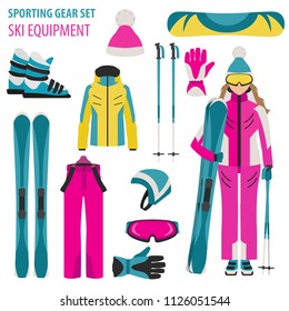 Sporting gear set. Ski equipment and skier woman flat design icon.Vector illustration 
