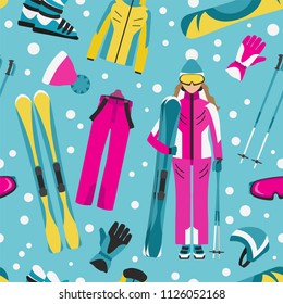 Sporting gear set. Ski equipment and skier woman seamless pattern. Vector illustration 