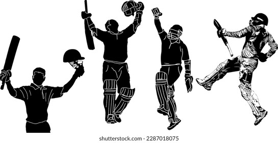 "Sporting Glory: Silhouette Set of Cricket Batsman's Celebrations"
"Cricketing Euphoria: Vector Illustration of Batsman's Century" Silhouette Set of Cricket Batsman's Celebrations