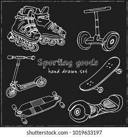 Sporting goods Hand drawn doodle set. Vector illustration. Isolated elements on blackboard background. Symbol collection.