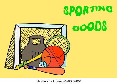 Sporting goods. Hand drawn vector stock illustration.