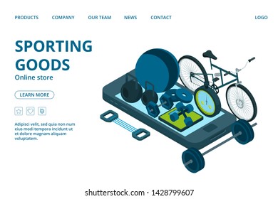 Sporting goods online store landing page template. Vector isometric sport equipment. Illustration of sport retail marketing, shop e-commerce webpage