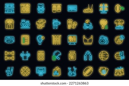 Sporting goods store icons set outline vector. Sport shop. Store goods neon color on black