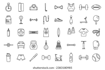 Sporting goods store icons set outline vector. Sport shop store. Sportswear interior online