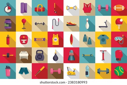 Sporting goods store icons set flat vector. Sport shop store. Sportswear interior online