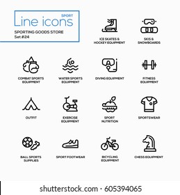 Sporting Goods Store - Modern Vector Single Line Icons Set. Ice Skates, Hockey Equipment, Skis, Snowboard, Boxer Gloves, Diving, Fitness, Outfit, Nutrition, Sportswear, Ball, Footwear, Cycling, Chess