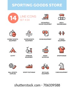 Sporting goods store - modern vector icons, pictograms set. Skates, hockey, combat, swimming, diving, fitness, bicycling, chess, skis, snowboard, nutrition, ball, footwear, sportswear, outfit