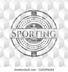 Sporting grey emblem. Retro with geometric cube white background