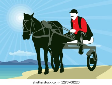 Sporting a horse-drawn cart. Silhouette of an athlete on the cart driving a horse.