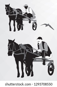 Sporting a horse-drawn cart. Silhouette of an athlete on the cart driving a horse.