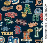 Sporting initial fonts and badges collection wallpaper vintage vector seamless pattern for kids sport wear t shirt sweatshirt bomber jacket pajamas 