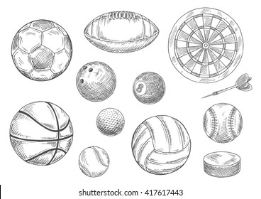 Sporting items isolated sketches with balls for soccer or football, volleyball and basketball, rugby and baseball, golf and tennis, bowling and billiards, dart board with arrow and ice hockey puck