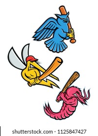 Sporting mascot icon illustration set of wildlife as baseball player like the great horned owl,  tiger owl or hoot owl, mosquito, king prawn or jumbo shrimp, batting with baseball bat in retro style.