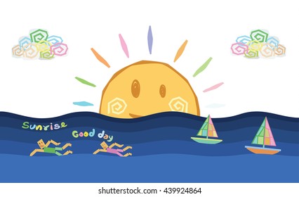 Sporting men swimming in the sea. Abstract cartoons background with sun, cloud, sailing boat . Abstract design exotic bohemian style. Environment for earth day.  