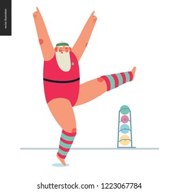 Sporting Santa -aerobics -modern flat vector concept illustration of cheerful Santa Claus doing aerobic jump dancing exercises in gym, wearing red gymnastic suit and leg warmers, xmas fitness activity