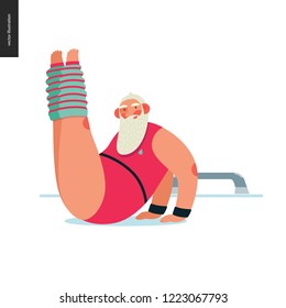 Sporting Santa -aerobics -modern flat vector concept illustration of cheerful Santa Claus doing aerobic exercises in the gym, wearing red gymnastic suit and leg warmers, xmas fitness activity