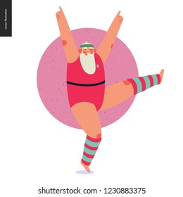 Sporting Santa -aerobics -modern flat vector concept illustration of cheerful Santa Claus doing aerobic jump dancing exercises in gym, wearing red gymnastic suit and leg warmers, xmas fitness activity