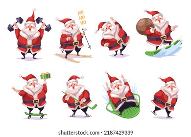 Sporting santa. Cute modern santa character, happy fitness christmas, healthy winter holiday, in gym with dumbbells, skiing and skateboarding, extreme sport, xmas tidy vector cartoon set