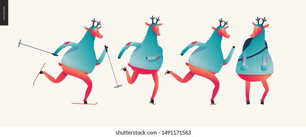 Sporting Santa deer set - modern flat vector concept illustration of cheerful Santa deer wearing a sweater skiing, skating and standing