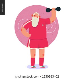 Sporting Santa - dumbbell lifting - modern flat vector concept illustration of cheerful Santa Claus lifting a dumbbell in the gym, wearing red t-shirt, socks and boxer shorts, xmas fitness activity