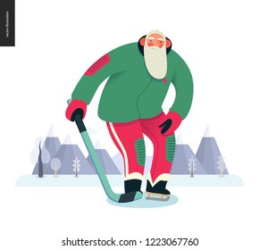 Sporting Santa - ice hockey -modern flat vector concept illustration of cheerful Santa Claus standing on the ice, wearing hockey equipment, skates with a stick, winter landscape, xmas outdoor activity