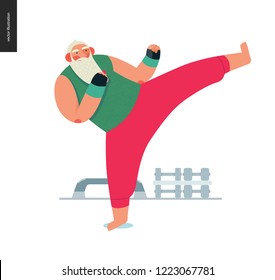 Sporting Santa - kickboxing aerobic - modern flat vector concept illustration of cheerful Santa Claus doing kick-box exercises in gym, wearing red sweatpants and boxing gloves, xmas fitness activity