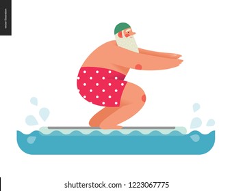 Sporting Santa - pool float fit - modern flat vector concept illustration of cheerful Santa Claus balancing on float fit board in the pool, wearing red trunks and green cap, xmas gym fitness activity