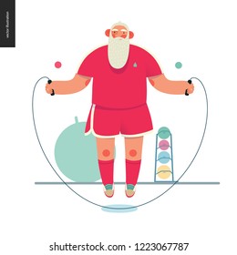 Sporting Santa - rope jumping - modern flat vector concept illustration of cheerful Santa Claus doing jumps over the rope exercises in gym, wearing red uniform, xmas fitness activity