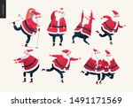 Sporting Santa set - modern flat vector concept illustration of cheerful Santa Claus skiing with a gift bag, skating. standing and hanging
