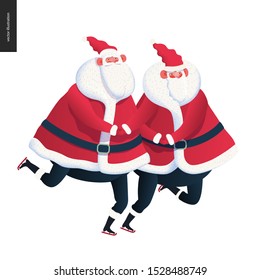 Sporting Santa Skating Ehepaar - Modernes, flaches Vektorgrafik von zwei fröhlichen Weihnachtsklauseln mit Rot, Schlittschuhlaufen zusammen, Winter, Weihnachten, Neujahr