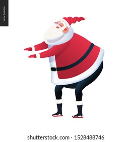 Patinaje deportivo de Santa Patinaje - moderno concepto de vector plano ilustración de Santa Claus alegre usando rojo, patinaje, invierno, Navidad, Año Nuevo
