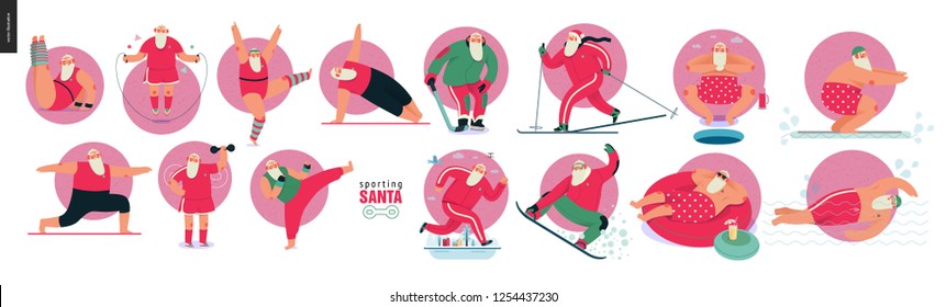 Sporting Santa - sport exercises - modern flat vector concept illustration set of cheerful Santa Claus doing aerobic and fitness exercises in the gym, outdoor and water activity, xmas fitness activity