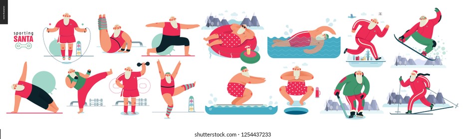 Sporting Santa - sport exercises - modern flat vector concept illustration set of cheerful Santa Claus doing aerobic and fitness exercises in the gym, outdoor and water activity, xmas fitness activity