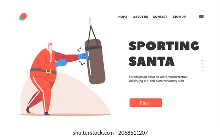 Sporting Santa Training in Gym with Punching Bag. Landing Page Template. Christmas Winter Holiday Sport, Saint Nicholas Character Healthy Lifestyle, Xmas Boxer Mascot. Cartoon Vector Illustration