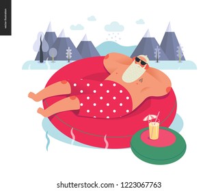 Sporting Santa - winter hot pool relaxing - modern flat vector concept illustration of cheerful Santa Claus laying down on the red rubber ring, wearing red polka dot boxer shorts, outdoor activity