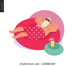 Sporting Santa - winter hot pool relaxing - modern flat vector concept illustration of cheerful Santa Claus laying down on the red rubber ring, wearing red polka dot boxer shorts, outdoor activity