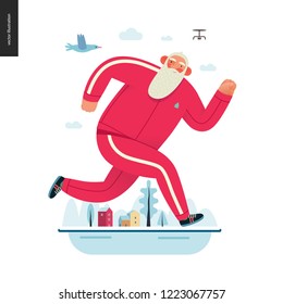Sporting Santa - winter running - modern flat vector concept illustration of cheerful Santa Claus running outside, wearing red tracksuit, winter landscape, drone and bird, xmas outdoor activity