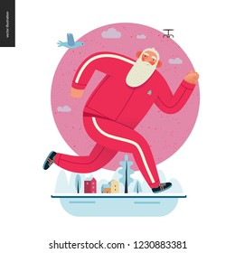 Sporting Santa - winter running - modern flat vector concept illustration of cheerful Santa Claus running outside, wearing red tracksuit, winter landscape, drone and bird, xmas outdoor activity