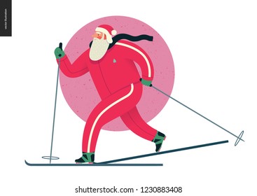 Sporting Santa - esquí de invierno - moderno concepto de vector plano ilustración de alegre Santa Claus ha estado esquiando afuera, usando tracksuit rojo, paisaje invernal, actividades al aire libre de navidad