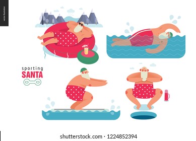 Sporting Santa - winter water activity set - modern flat vector concept illustration of cheerful Santa Claus relaxing in hot pool, swimming, floatfitting, wearing red polka dot boxer shorts