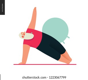 Sporting Santa - yoga - modern flat vector concept illustration of cheerful Santa Claus standing in side plank yoga pose in the gym, wearing red yoga suit, xmas fitness activity