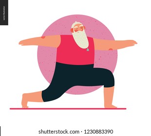 Sporting Santa - yoga - modern flat vector concept illustration of cheerful Santa Claus standing in warrior yoga pose in the gym, wearing red yoga suit, xmas fitness activity