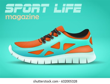 Sporting sneakers on azure background. Advertising poster in trendy color. For any design. Vector Illustration.