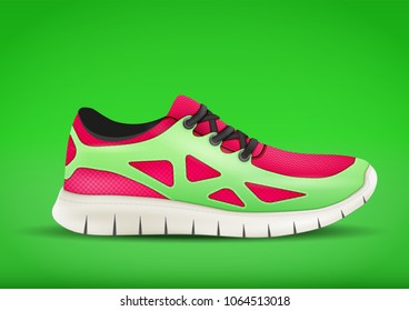 Sporting sneakers on color background. Advertising sport poster in trendy color. Lifestyle of running and workout. Vector Illustration.