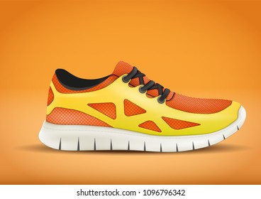 Sporting sneakers on orange background. Advertising sport poster in trendy color. Lifestyle of running and workout. Vector Illustration.