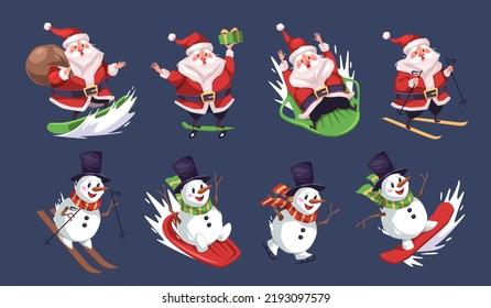 Sporting snowman and Santa. Cartoon characters cute athlete, winter extreme sport, christmas sledding, snowboarding and skating, gift delivery, happy new year, tidy vector isolated set