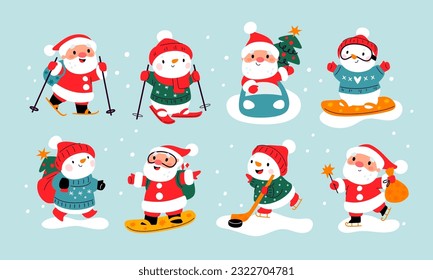 Sporting snowman and Santa Claus. Holiday symbols. Athletic Xmas characters. Cartoon Christmas man skiing and snowboarding. Outdoor exercises. Garish vector winter sport