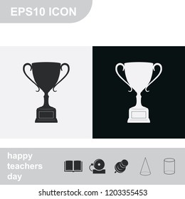 Sporting trophy or winner cup flat black and white vector icon.